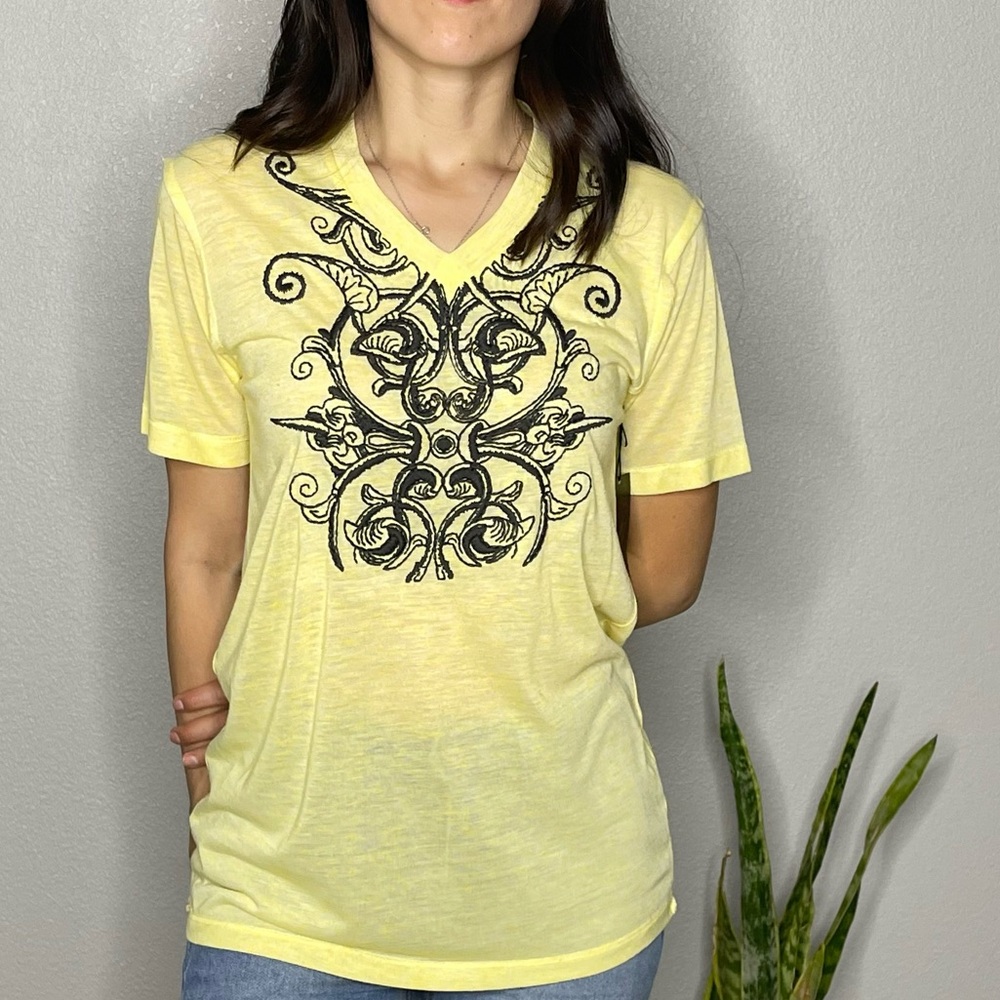 Mission Yellow V- neck T-Shirt w/ Embroidered Design Sz S